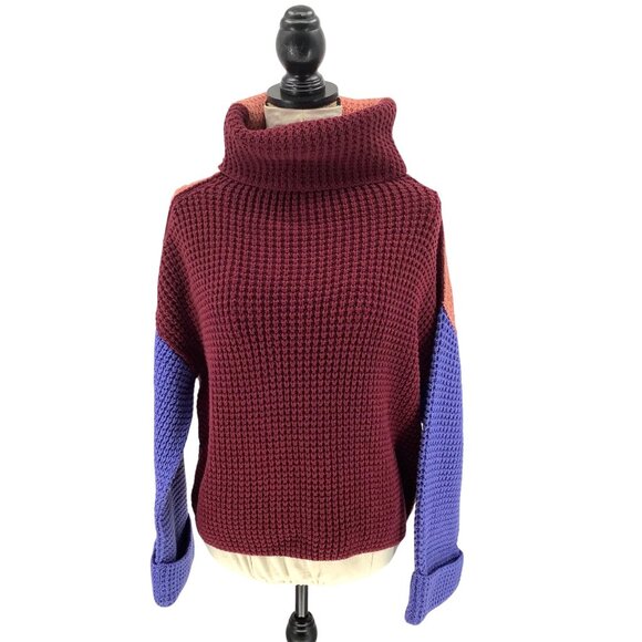 FREE PEOPLE Wine Colorblock Park City Slouchy Waffle Cotton Blend Sweater Est. S - Picture 2 of 8